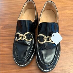 Black Loafers with Gold Chain Detail